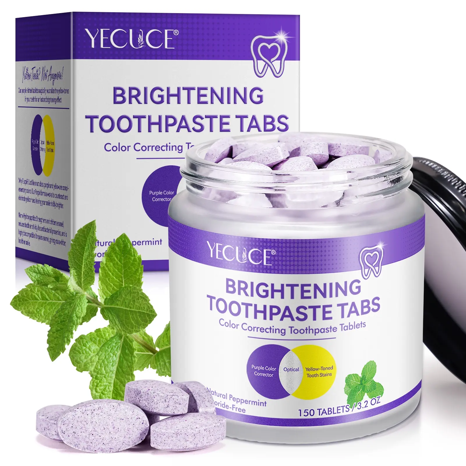 Yecuce Toothpaste Tablets 150pcs, Nano Hydroxyapatite, Coconut, Peppermint Flavor, Fluoride-Free, Fresh Breath, Reduces Sensitive Teeth