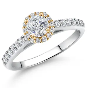 10K Two Tone Gold 5MM Round Gemstone Birthstone and Lab Grown Diamond Halo Engagement Ring For Women | Wedding Anniversary Gold Ring | Available in Size 5, 6, 7, 8, 9