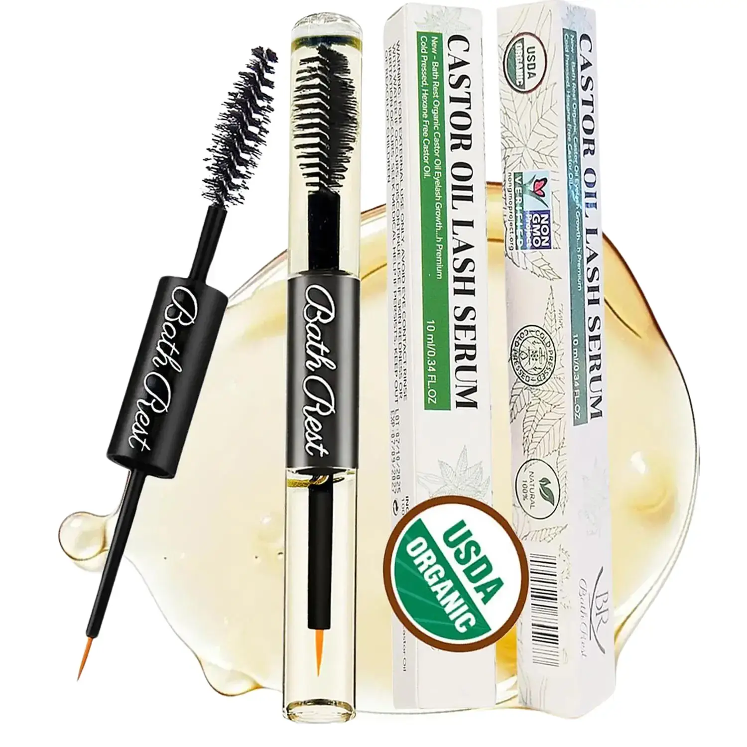 2-Pack USDA Certified Cruelty-Free Eyelash Serum & Eyebrow Enhancer - 100% Pure Organic Cold-Pressed Hexane-Free Castor Oil (0.34 fl. oz Mascara Tube) for Adults’ Daily Makeup, Lash Routine, Moisturizing, Hair & Scalp & Nail Care