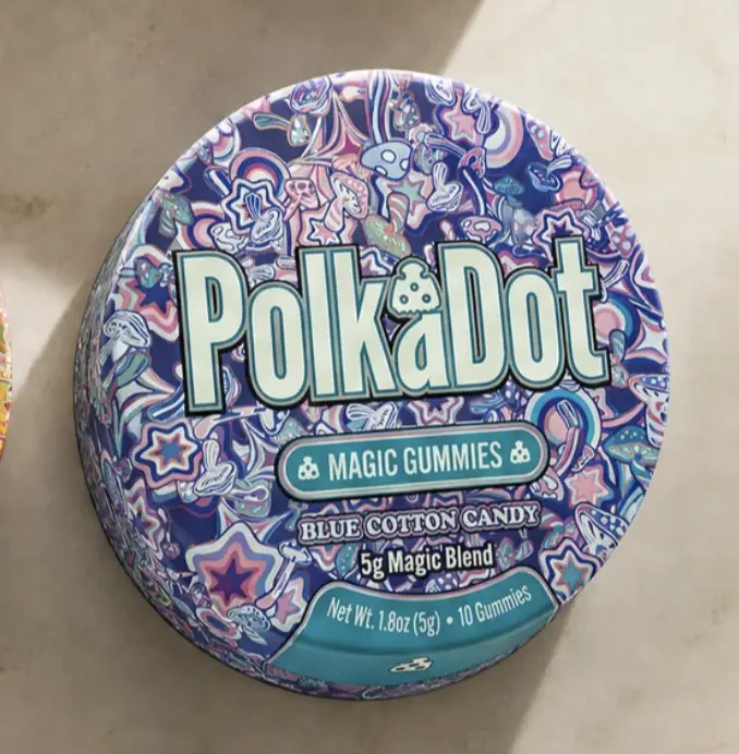 Polkadot Blue Cotton Candy Gummies, 10 Count, High Potency Plant-Based Mushroom Gummies, Soft Chewy Gummies, 100% Organic Ingredients, High-Quality Formula, Freshness-Sealed, Secure Reusable Metal Tin, Travel-Friendly Packaging, Proudly Made in USA
