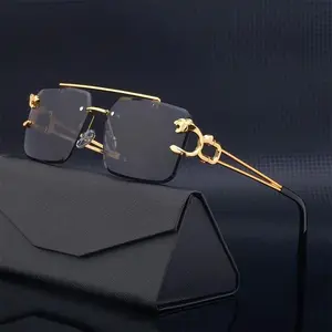 Steampunk Rimless Square Sunglasses Men Luxury Brand Designer Gold Lion Decoration Sun Glasses for Women Vintage Eyewear