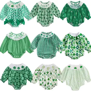 Infant Baby Girl St. Patrick's Day Bubble Romper Long Sleeve Shamrock Print Smocked Bodysuit Newborn Spring Onesie Clothes