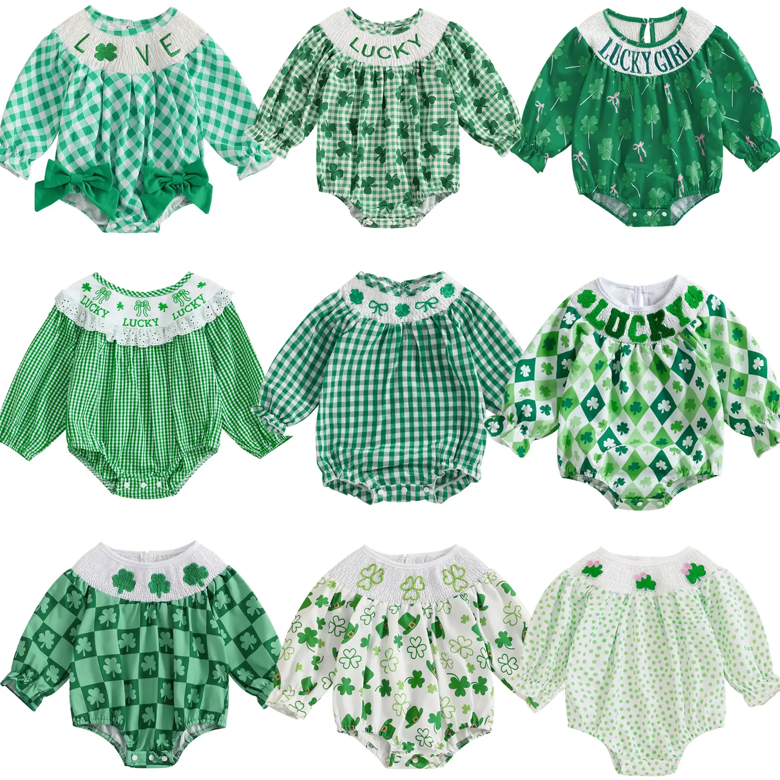 Infant Baby Girl St. Patrick's Day Bubble Romper Long Sleeve Shamrock Print Smocked Bodysuit Newborn Spring Onesie Clothes