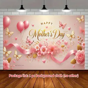 1PC Polyester Reusable Pink 2D Flat Romantic Butterfly-Flower Themed Backdrop Banner, Festive Party Background Cloth for Mother's Day & Birthday, Photo Prop for Family Gatherings