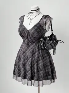 Sunspun Plaid Print Cap Sleeve Square Neck Dress | Vintage Punk Grunge Gothic Dark Plaid Summer Dress