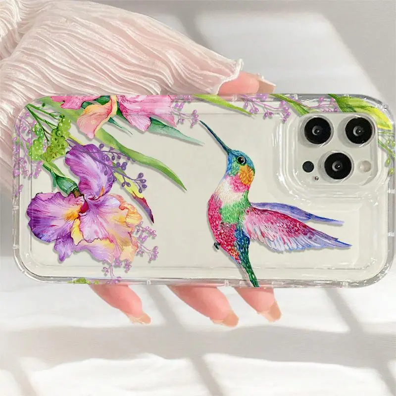 Phone Cases • Air Cushion Transparent Flower Pattern • Creative Colorful Hummingbird TPU Shockproof Full-Body Precision Case • Suitable for Iphone iPhone 6/7/8/X/Xs/Xr/Xs Max/11/12/13/14/15/16/17 Pro Max • Ideal as a Birthday or Christmas Gift for Couples
