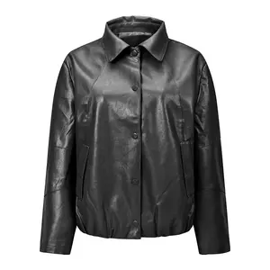 Women’s faux leather windproof jacket — single-button design, turn-down collar short outerwear for autumn/winter, fashionable street-style outer top