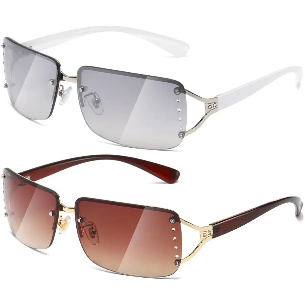 Rimless Rectangle Sunglasses for Women and Men, 2000s Style Metal Frame with Diamond Accents, UV400 Protection for Shopping and Traveling, Diamond Pattern