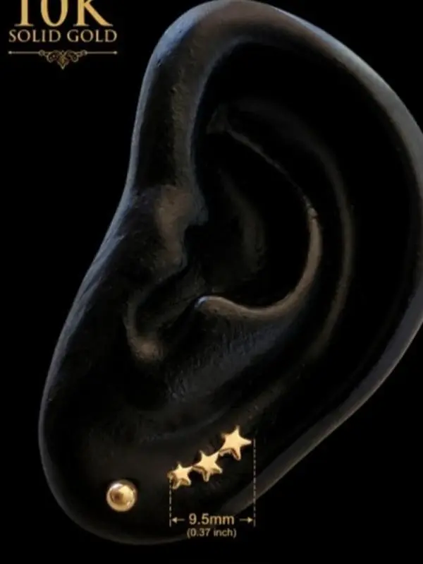 10K Solid Gold Triple Star Climber Stud Earrings Tiny Ear Crawler Cartilage
