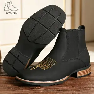 KVONE Men's Black Casual Chelsea Boots - Square Toe, Ankle Support, Embroidered Print, High-Quality Materials, Closed Shoe, All-Seasons Walking Shoes, Sturdy Western-Style Versatile Footwear for Business, Casual Occasions magic round toe