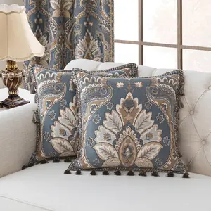 1 count Luxury Throw Pillow Covers 20x20 Inch,  European Decorative Pillow Cover with Tassels, Damask Pillow Cases for Living Room Bedroom Sofa Couch Chair(Gray-Blue+Brown)
