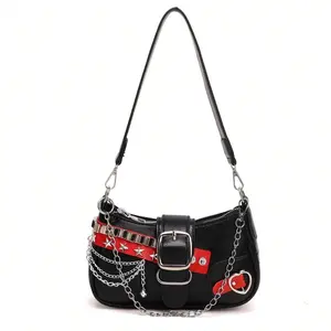 Y2K Punk Style Shoulder Bag for Women – Black Leather Chain Hobo Handbag with Buckle and Star Detail, Perfect for Streetwear