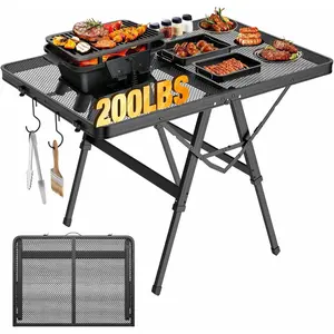 Foldable Grill Table with Mesh Desktop, 200lbs 3Ft Portable Folding Table, Height Adjustable Metal Table for Ourdoor, Camping, Picnic, BBQ and Beach, RV, 35.4" L x 23.6" W Barbecue