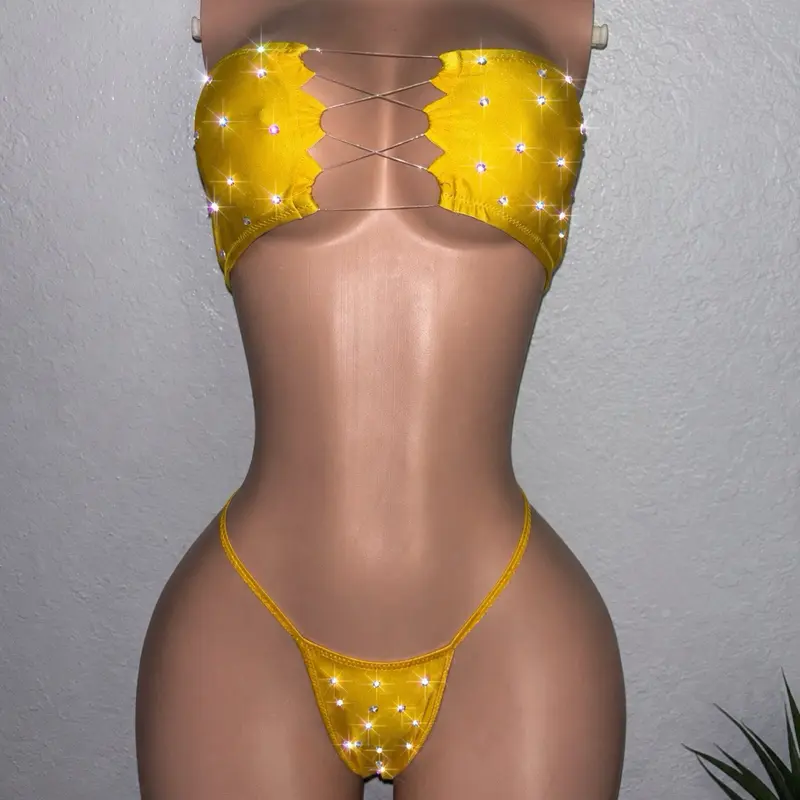 Sexy Exotic Dancewear Small/Medium yellow with Rhinestones High Quality Material for Performance size smalll