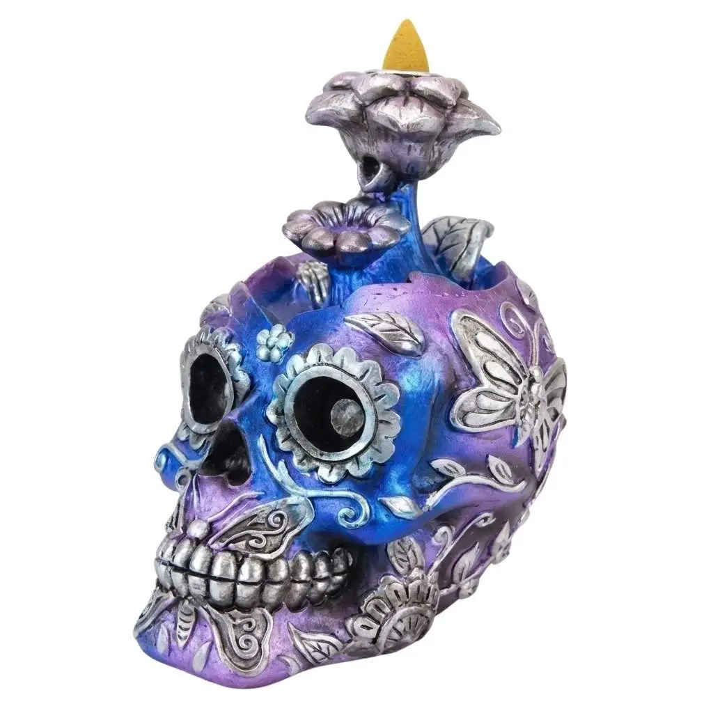 Metallic Skull Backflow Incense Burner — 6" Gothic Altar Decor