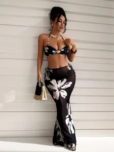 Women's 3-Piece Swimsuit, Floral Print Halter Triangle Bikini with High-Waist Bottoms and Sheer Maxi Skirt Cover-Up, Bathing Suit