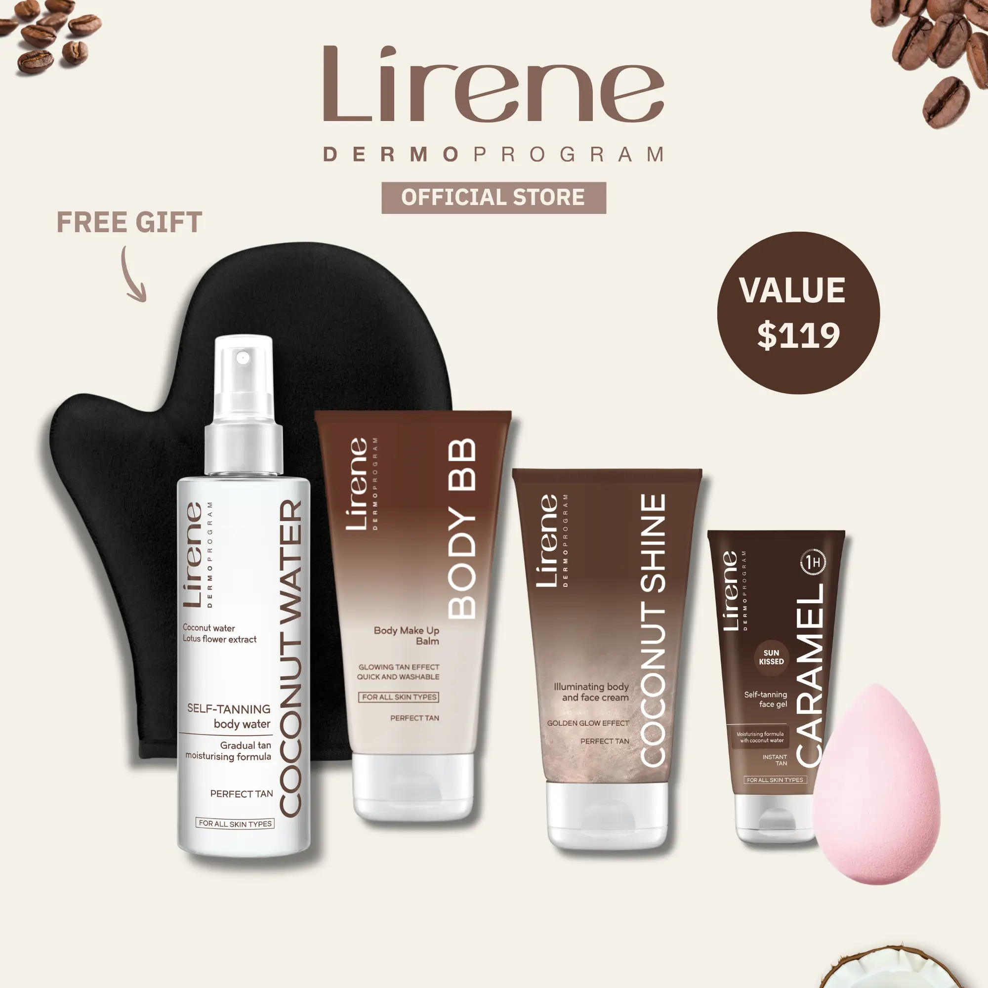 Lirene Perfect Tan All-in-1 Hydrating Glow Bundle - Coconut Water Mist, BB Body Cream, Bronzing Caramel Face Gel, Coconut Shine, Beauty Blender, FREE Velvet Glove