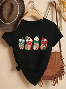 Women's Christmas Themed Graphic Round Neck Tee, Casual Short Sleeve Crew Neck T-shirt for Fall & Winter, Women's Top for Daily Wear