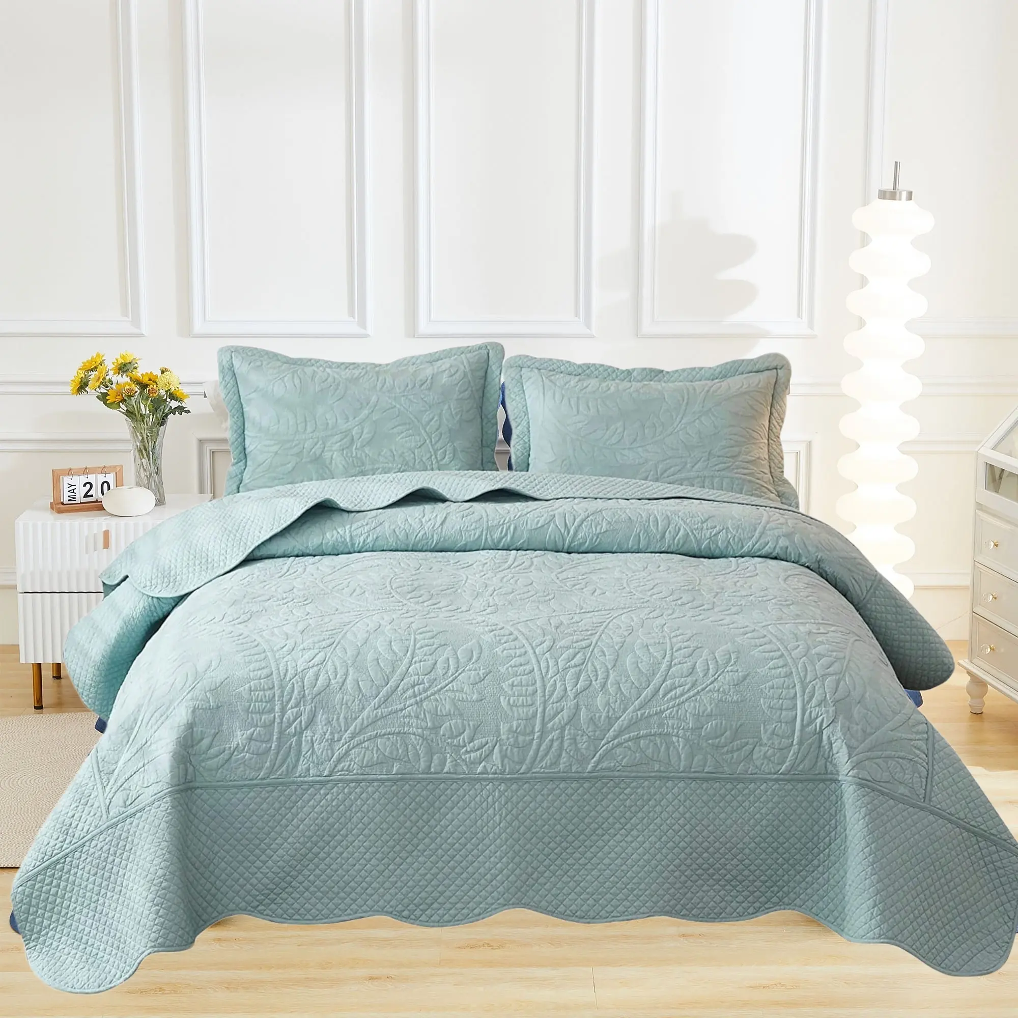 3-Piece 100% Cotton Oversized Embroidered Breathable Soft Bedspread Set, Lightweight Plain Modern Farmhouse Quilt Coverlet Bedding Collection