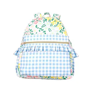 BA0097--back to school girls Flower pink lace light blue check backpack