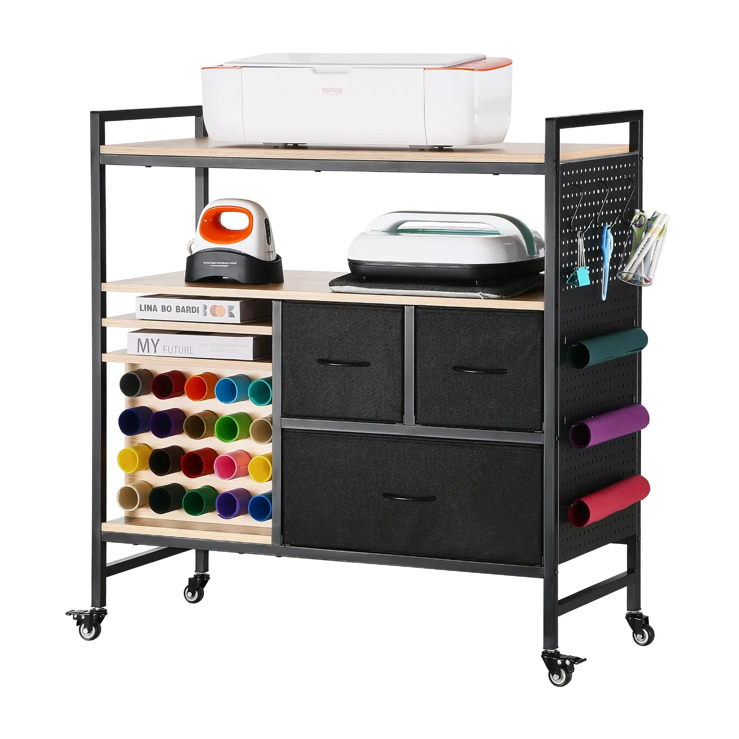 【summerfinds】VEVOR Rolling Craft Cart and Storage Table, Compatible with Cricut Machines, Crafting Table Organization Workstation, Craft Rolling Storage Organizer with 20 Vinyl Roll Holders and 3 Drawers, Black