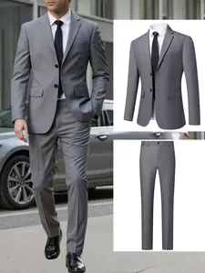 Men's Suit Set Anti-Wrinkle Iron-Free & Static-Resistant, Slim Fit Plain Formal Attire Classic Business Jacket and Pants, All Seasons Commute Wedding Party Formal Wear