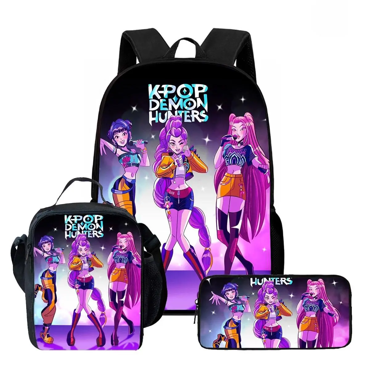 New cartoon anime 3D Korean-style Neon Demon Squad cool printed large-capacity backpack lunch bag three-piece set