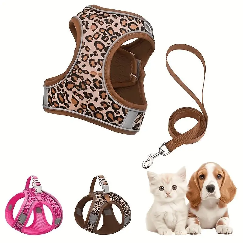 DH009-Leopard Print Pet Cat & Dog Harness, Vest Harness with Breathable and Skin-Friendly Mesh, 1.5-Meter Leash, Lightweight Pet Harness for Small Medium Dogs And Cats. Adjustable, Night Reflective Strips, Rose Leopard and Brown Leopard.