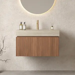 MURI 30" Bathroom Vanity with Sink, Wall-Mounted Plywood Bathroom Storage Cabinet with Drawer & Door, Travertine-Pattern Sintered Stone Countertop with Basin, Pre-assembled, Brown Oak Woodgrain Color