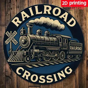 2D Flat, 1pc Vintage Railroad Crossing Sign - 8x8 Inch Round Iron Wall Art with Rustic Blue & Golden Design, Weather-Resistant Metal Decor for Home, Cafe, Outdoor Spaces, Wall Decor |   Rustic Decor |   Durable Metal Sign, Train Decor, 2D Flat