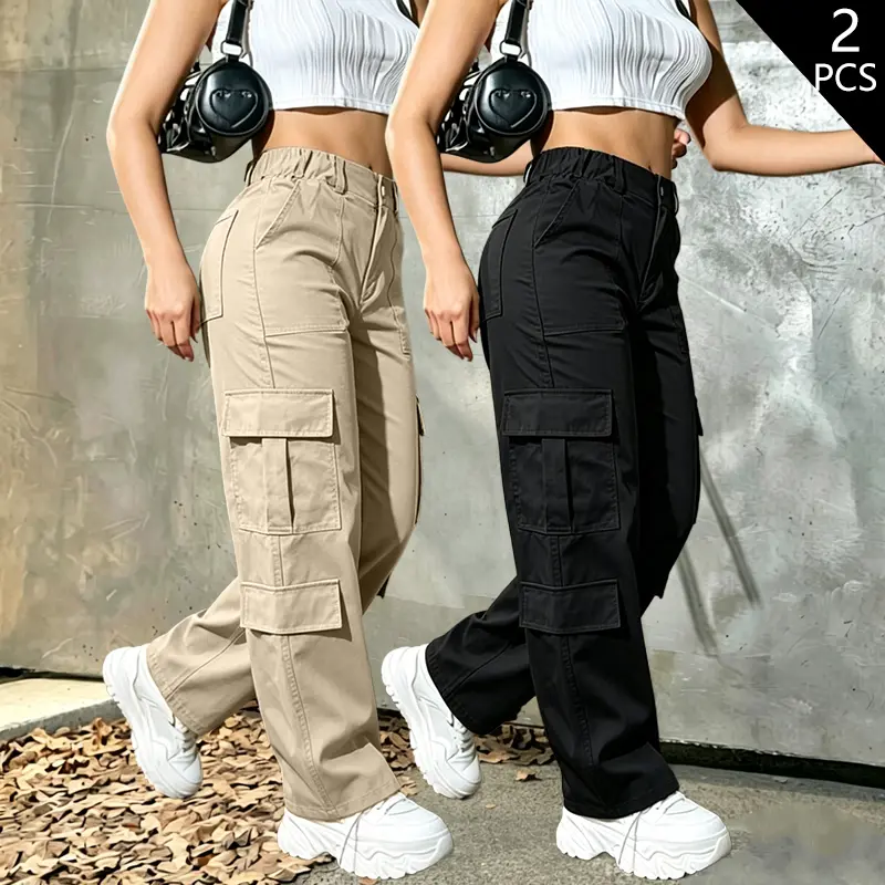 Women’s two-pack outdoor cargo pants, American-style casual long pants, multi-pocket straight-leg design, commuter long pants, travel clothing, outdoor pants, casual style, practical pants, multi-pocket pants, women’s fashion