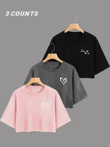Women's Heart Print Round Neck Crop Tee, Casual Short Sleeve Crew Neck T-shirt for Summer, Fashion Women's Top for Daily Wear, Womenswear Lady