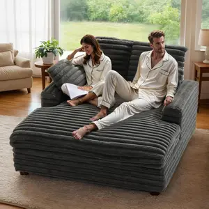 【2 packages】YOUDENOVA Spring Greenish Oversized Chaise Lounge Indoor, Big Comfy Couch Fluffy Sleeper Chaise Couch Chair with 4 Throw Pillows, Charcoal Gray Corduroy Chaise Lounge for Living Room, Movie Room SpringBreak