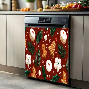 2D 2Pcs Christmas Gingerbread Cookie Dishwasher Sticker Holiday Pattern Pine Leaves Winter Festive Design Kitchen Appliance Cover Decorative Panel Self-Adhesive Vinyl Film for Refrigerator Washing Machine, Home Decoration, Kitchen Bathroom Decoration