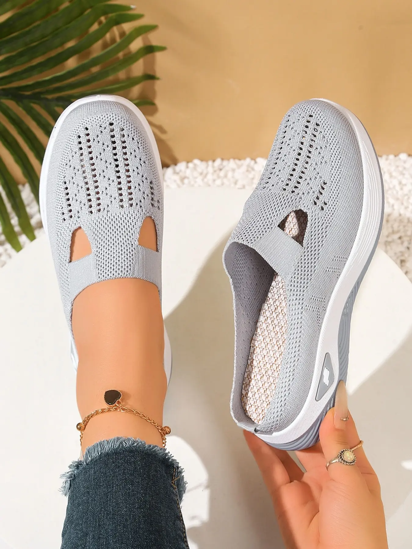Women's Hollow Out Knit Mesh Slip-On Mules, No Heel Soft Sole Anti-Slip Thick Bottom, Casual Outdoor Shoes for Spring Summer