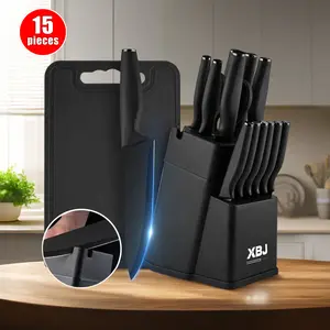 Knife Set, 15 PCS Kitchen Knife Set with Block Self Sharpening,Dishwasher Safe, Anti-slip Handle, Black SteelWood Wooden Sharpener Steak Cutting Stainless Steel Premium Knife Set with Sharpener Kitchenware German Blade