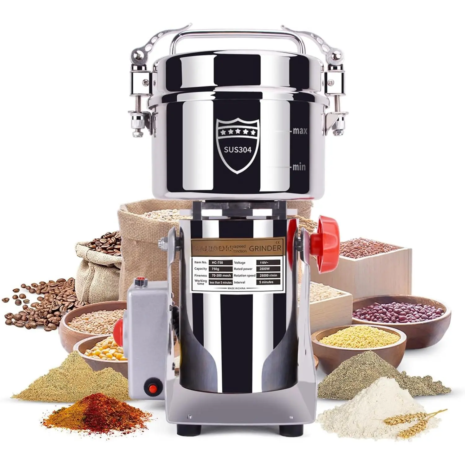 750g Grain Mill  2800W Electric Stainless Steel Grain  High-Speed Pulverizer Powder Machine for Dry Wheat, Oats, Corn, Pepper and Coffee Beans (750g Swing Type)