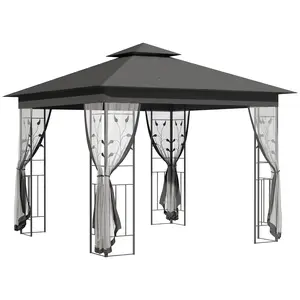 Outsunny 10' x 10' Metal Patio Gazebo, Double Roof Outdoor Gazebo Canopy Shelter with Tree Motifs Corner Frame and Netting, for Garden, Lawn, Backyard, and Deck, Gray