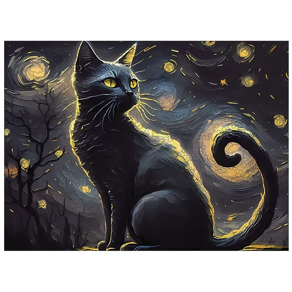 Adult Wooden Jigsaw Puzzle, Starry Cat Design, Unique Irregular Animal Shape, Perfect Holiday Gift, Modern Art Home Decor, Wooden Puzzles, Ideal for Friends & Family