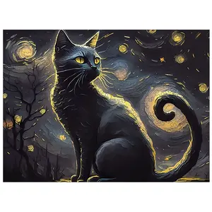 Adult Wooden Jigsaw Puzzle, Starry Cat Design, Unique Irregular Animal Shape, Perfect Holiday Gift, Modern Art Home Decor, Ideal for Friends & Family