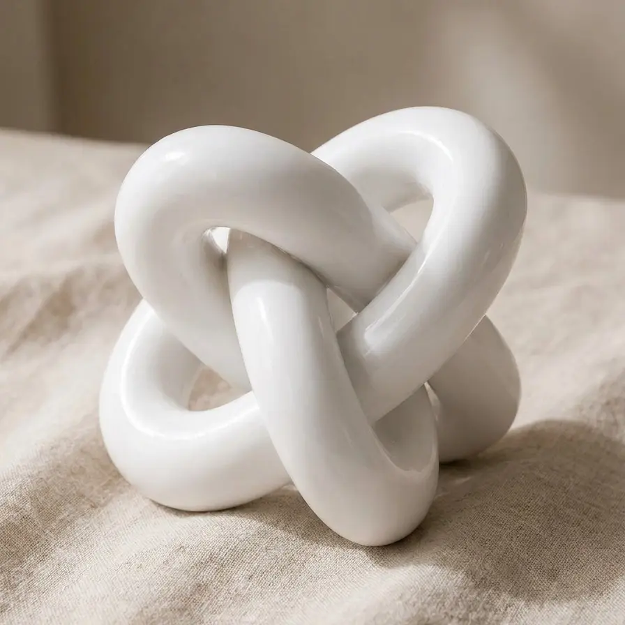 Hand-Carved 3-Link Resin Knot Decor, Unique Shape Tabletop Accent for Living Room, Boho Chain Link Home Decor, Modern Shelf Ornament (White)