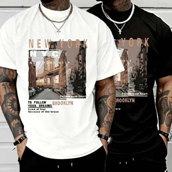 Men’s casual streetwear T-shirt, suitable for urban exploration, retro travel, and street culture scenes; heavyweight cotton crew-neck printed tee with Y2K-inspired urban fashion and a vintage city aesthetic; loose, relaxed urban street-style short sleeve