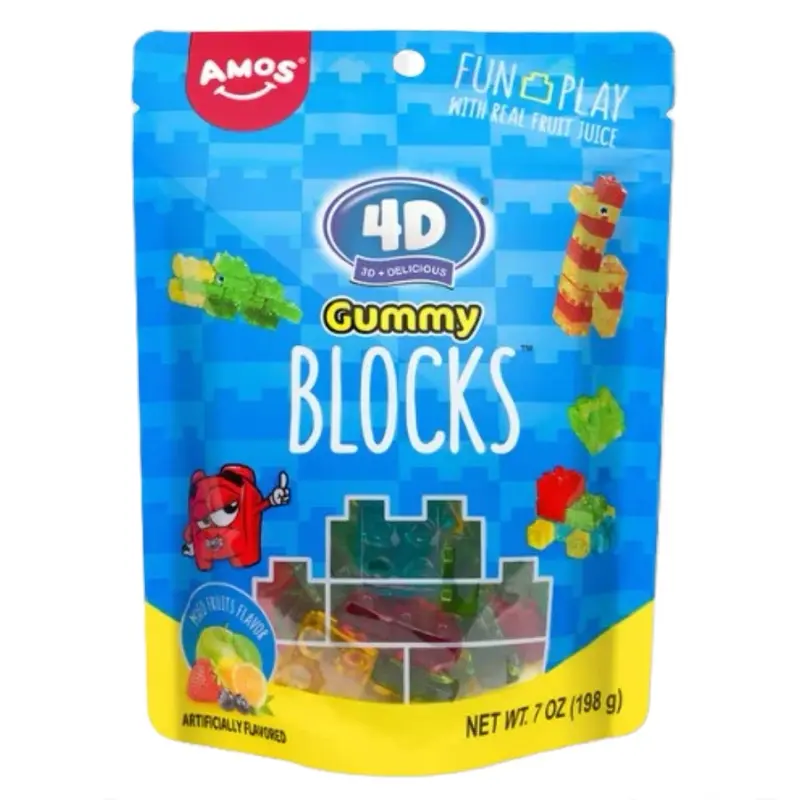 Amos 4D Gummy Blocks with Real Fruit Juice, 7oz Snack, Fun Play with Artificially Perfused Characters Sweet Candy
