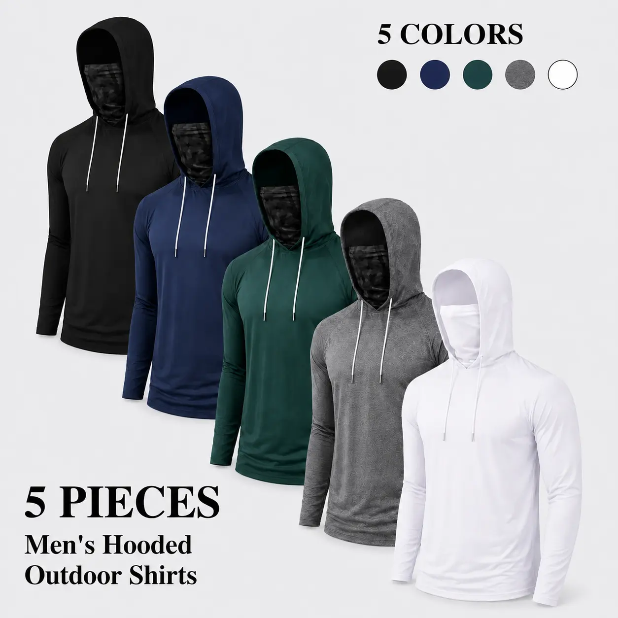 5/3-Piece Men’s Quick-Dry Hooded Performance Shirts with Built-In Breathable Mesh Face Cover, Moisture-Wicking Stretch Long-Sleeve Outdoor Work Tops for Fishing, Hiking, Camping, Cycling, Construction & Yard Work