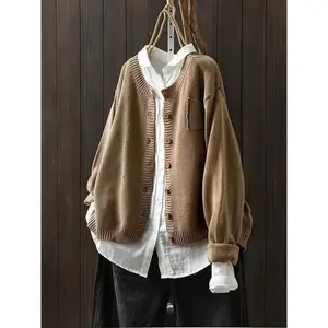 Durable Style) Women’s Olive Green Casual Knit Cardigan – Loose-Fit Long-Sleeve Sweater Jacket with Buttons and Pockets | Autumn/Winter Comfortable Acrylic Oversized Sweater