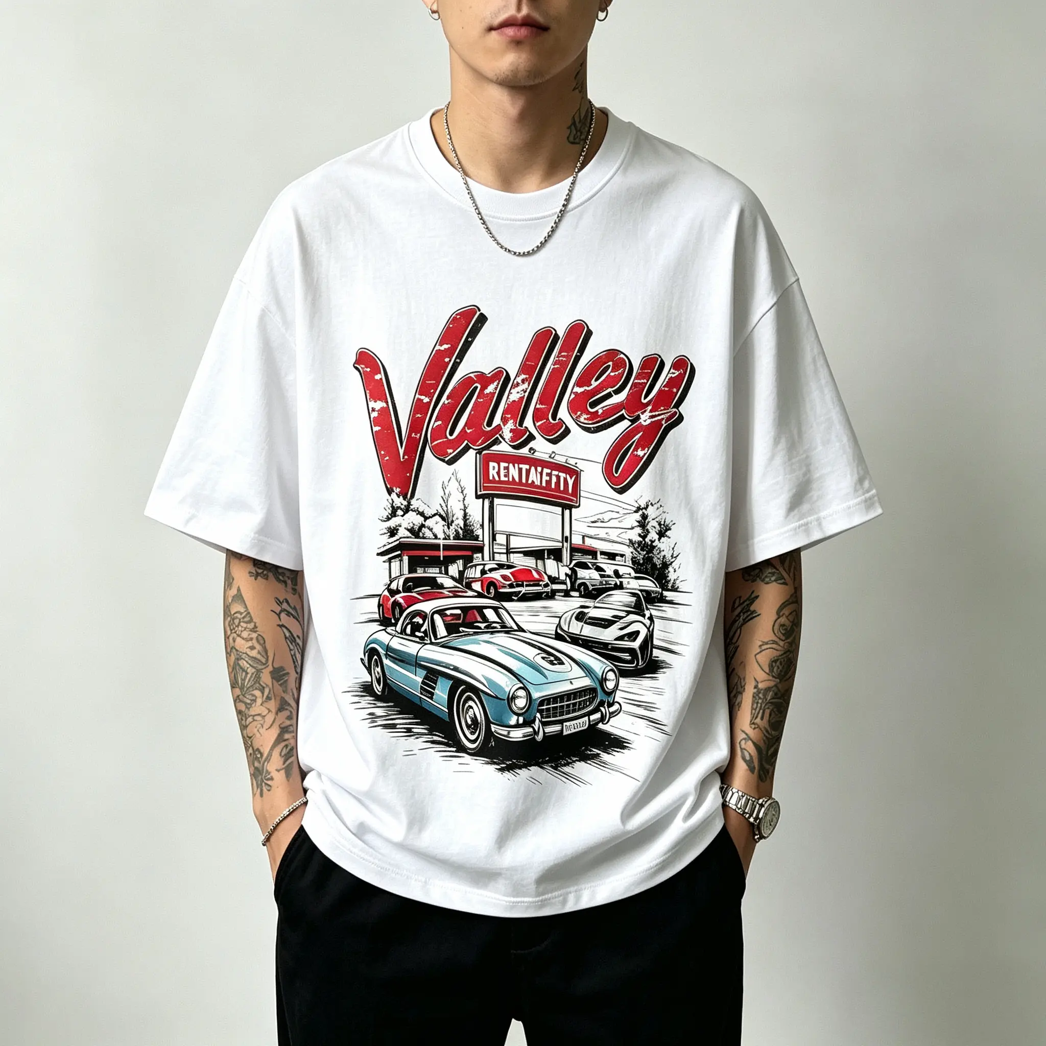 Men's Shortsleeve Vintage Cotton T-shirt Menswear Top Streetwear Casual Shortsleeve Retro Car Graphic Valley Printed Tees Womenswear Summer