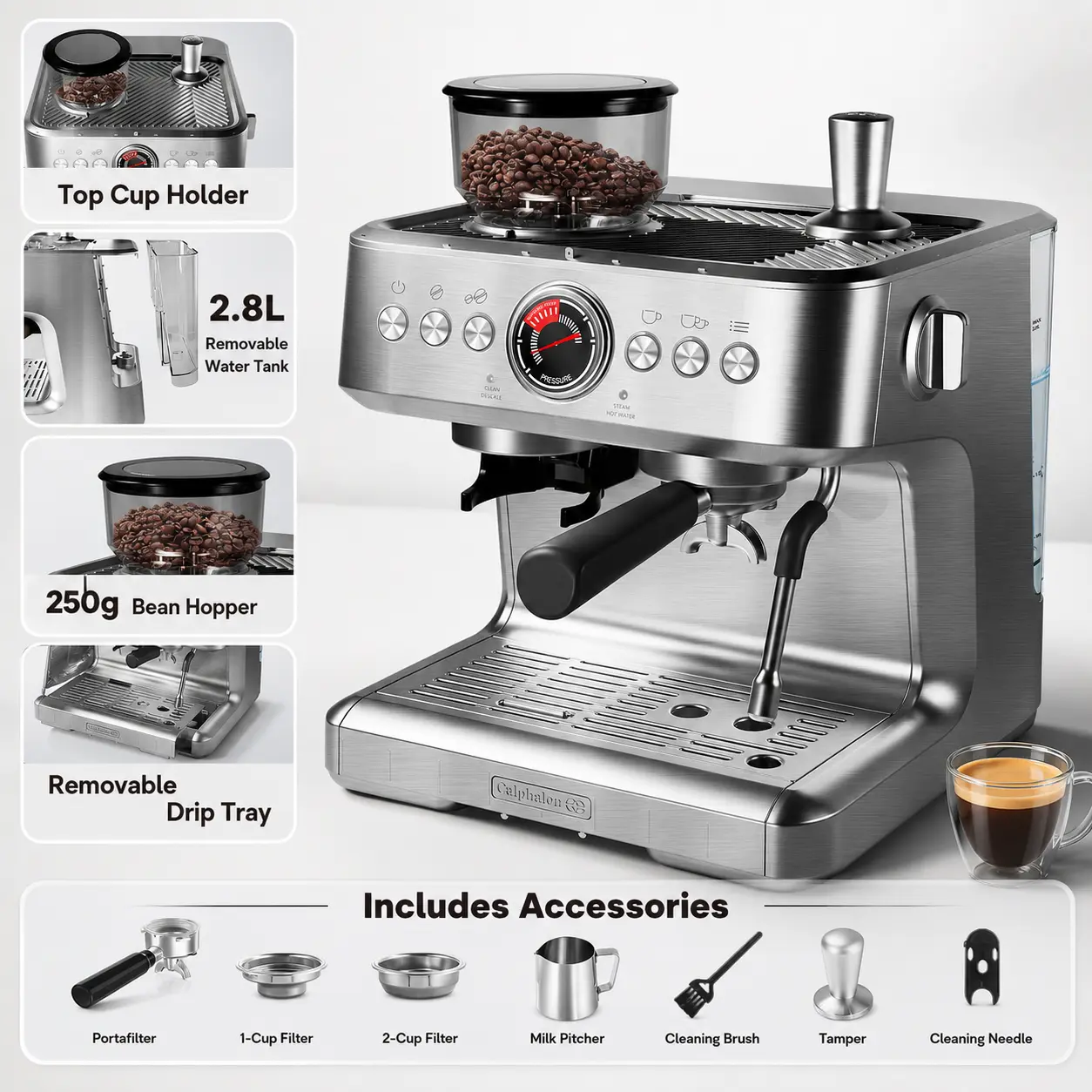 Garvee 20 Bar Espresso Machine, Espresso Maker with Grinder and Milk Frother Steam Wand, Professional Coffee Machine with 96 Oz Removable Water Tank for Cappuccino Latte