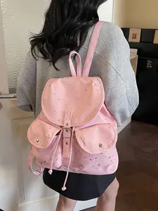 Korean Style Full Star Backpack, Drawstring Closure, Multiple Pockets, Large Capacity, Fashionable Bag for Daily Commuting, Shopping, School