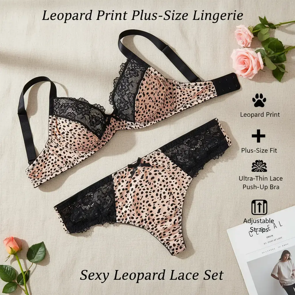 MAENER Women's Vintage Leopard Print Lingerie Set, Stretchy Nylon Lace Wireless Push-Up Bra and Panty with Adjustable Fit, Elegant, Comfortable