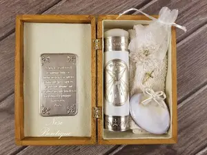 Beautiful Baptism Wood Box Holy Spirit Candle Set, Christening 6 Pieces Set, Color Ivory, Vela de Bautizo Espiritu Santo